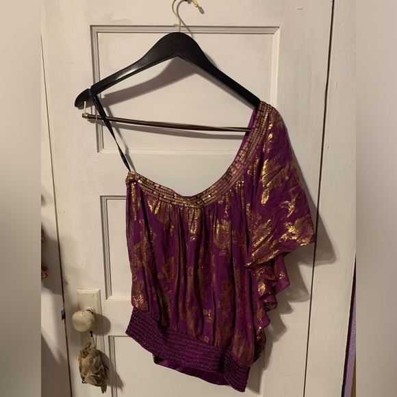 Bebe Off Shoulder Purple Gold Sequined Women’s Blouse - Picture 2 of 4